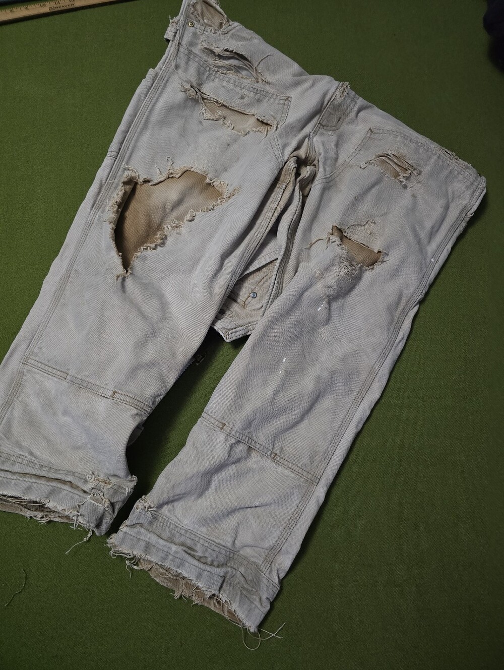Distressed Carhartt Denim Bib Overalls with Dark Brown Straps - Picture 3 of 6